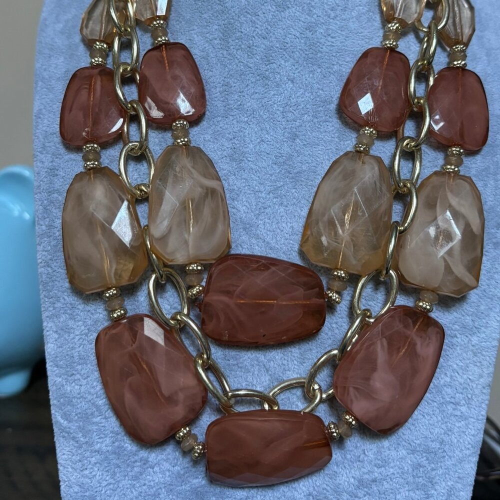 Three Layers Brown Faceted Lucite Bead Gold Tone LinkNecklace Earring Set
